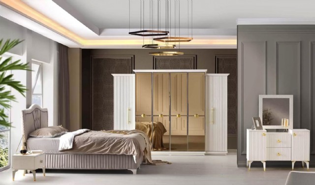 Truva Yatak Odası Takımı 6 Kapaklı Aynalı Gardırop Modern Yatak Odası